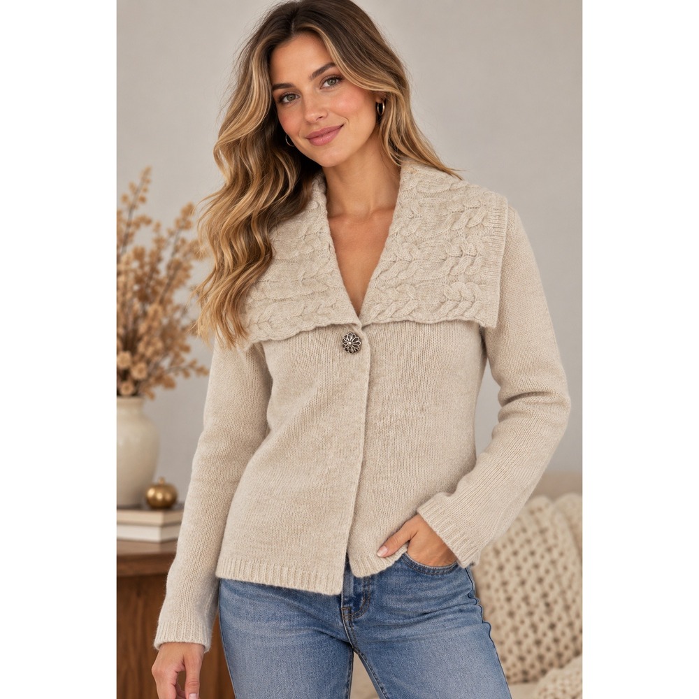 Sarah Spencer Lambswool Angora Cable Knit Shawl Collar Cardigan Oatmeal Small